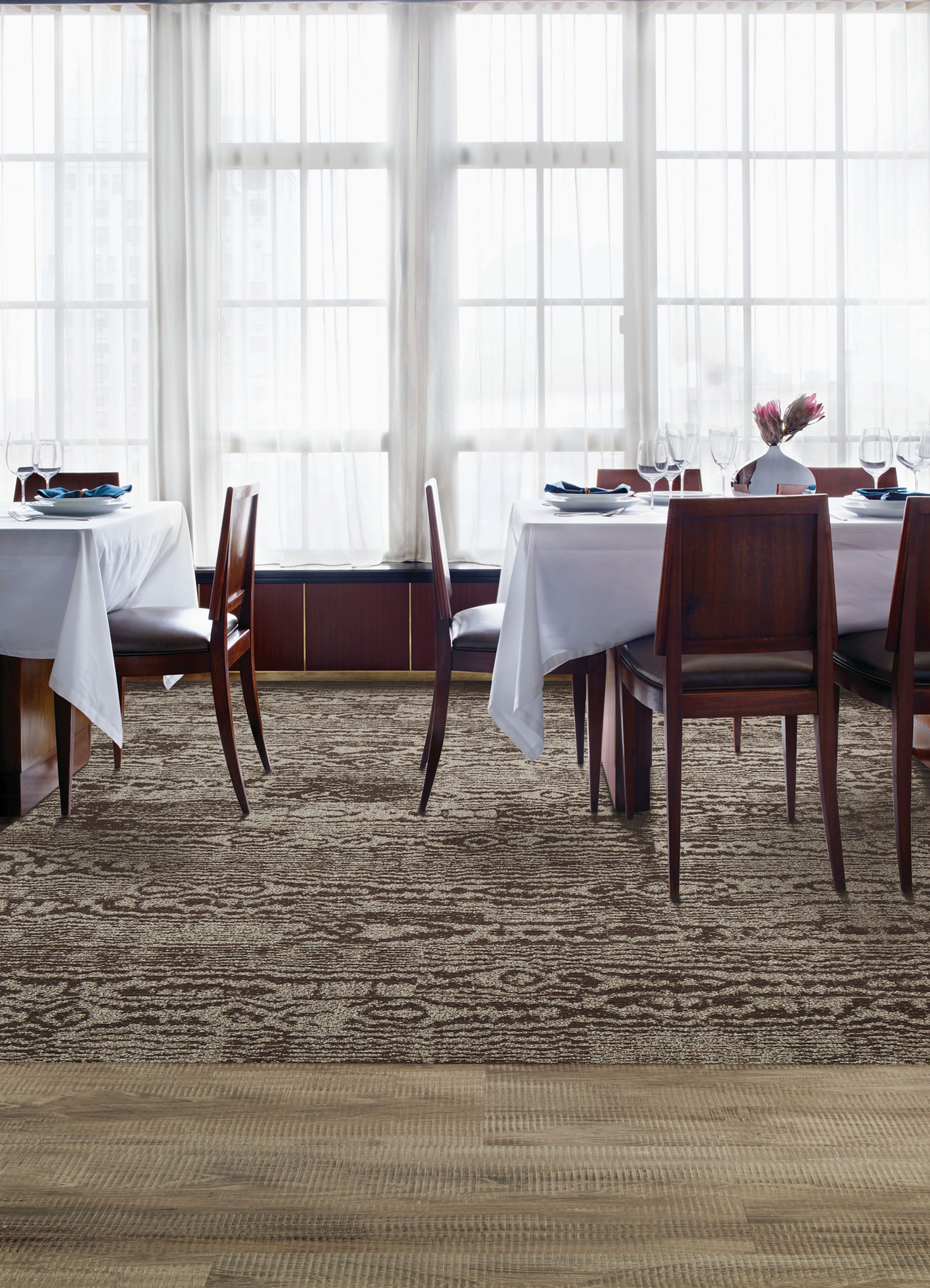 Interface GN156 plank carpet tile and Textured Woodgrains LVT in dining room image number 2